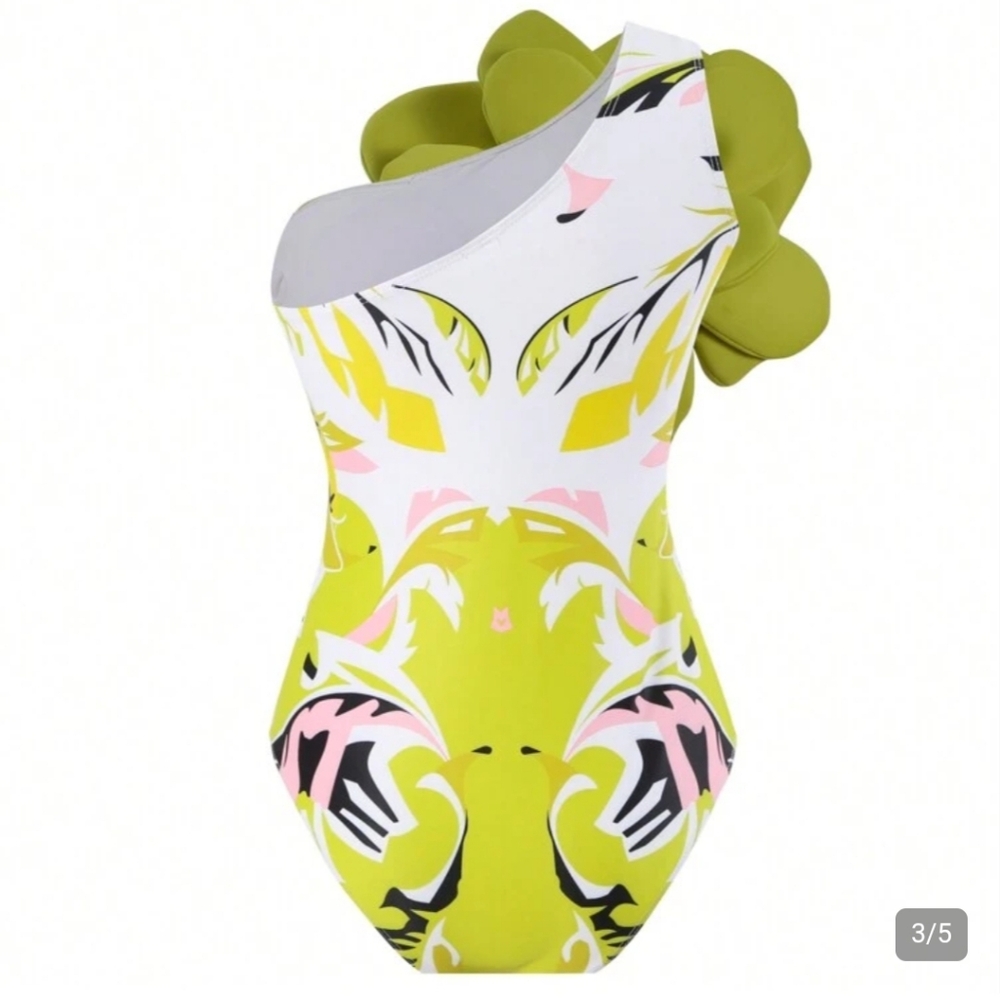 NWOT SHEIN Lime Green One Shoulder One Piece Swimsuit and Skirt Set + B&W Suit - Picture 3 of 9